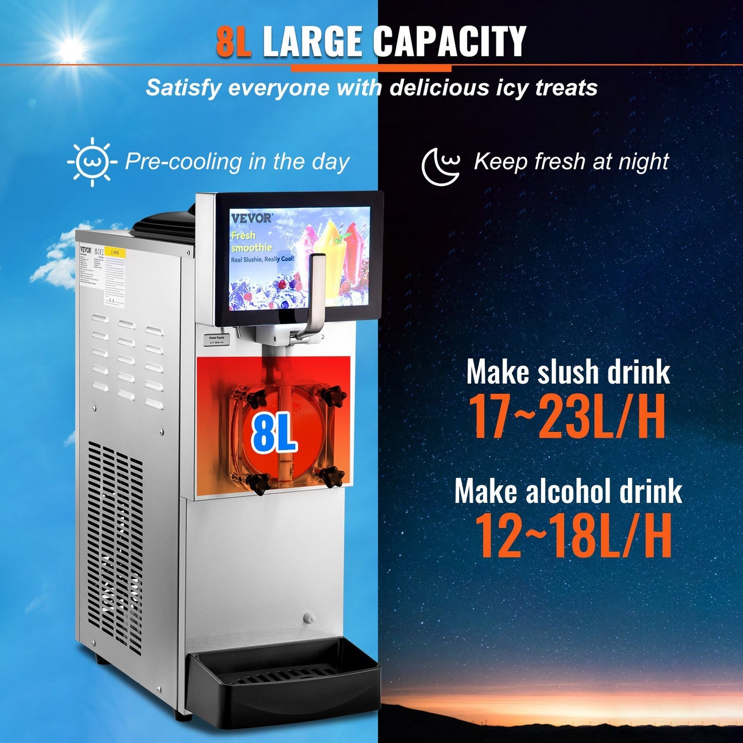 Commercial Slushy Machine, 8L / 2.1 Gal Single Bowl, Cool And Freeze Modes, 1050W Stainless Steel Margarita Smoothie Frozen Drink Maker, Slushie Machine For Party Cafes Restaurants Bars Home