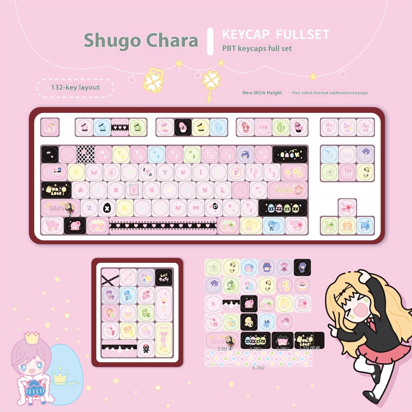 Shugo Chara Key Cap MOA Highly Personalized Theme Five-sided Sublimation Customized PBT Mechanical Keyboard Keycaps Key Cap