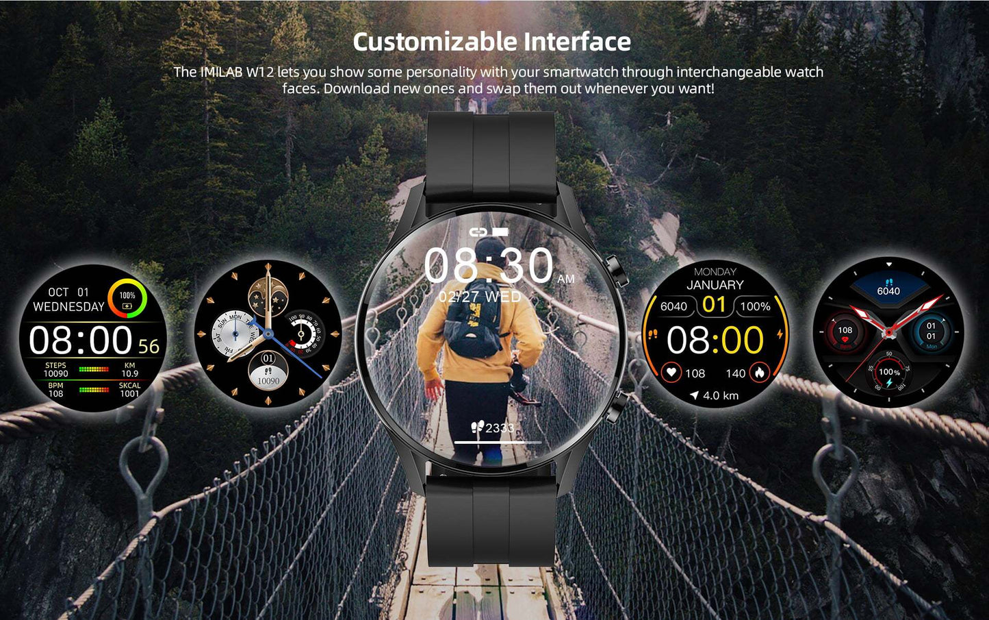 IMILAB W12 Smart Watch For Men Women Bluetooth Sports Fitness Tracker Heart Rate IP68 Waterproof -Black