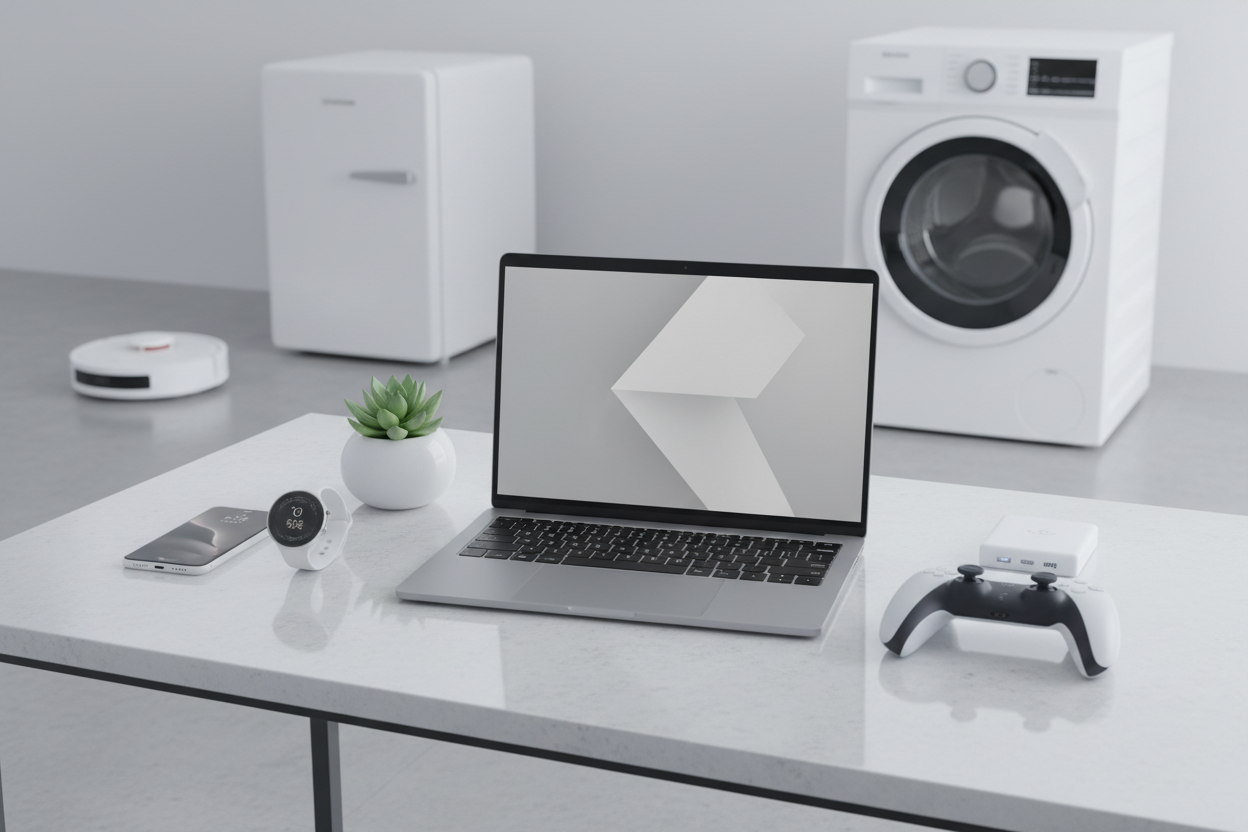 Create a picture of laptop, mobile phone,smartwatche, portable power bank, decorating green plant,and ps5 controller on top of the rable with a automatic sweeping, mini refrigerator and washing machine at the background of the table.the picture must be white grey and so real