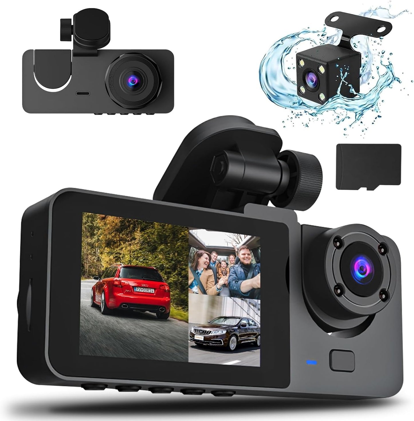 3 Channel Dash Cam, 1080P Dash Cam Front And Rear Inside, Three Way Dash Camera For Cars, Car Camera With 32GB Card, 24H Parking Mode, Loop Recording, Super Night Vision